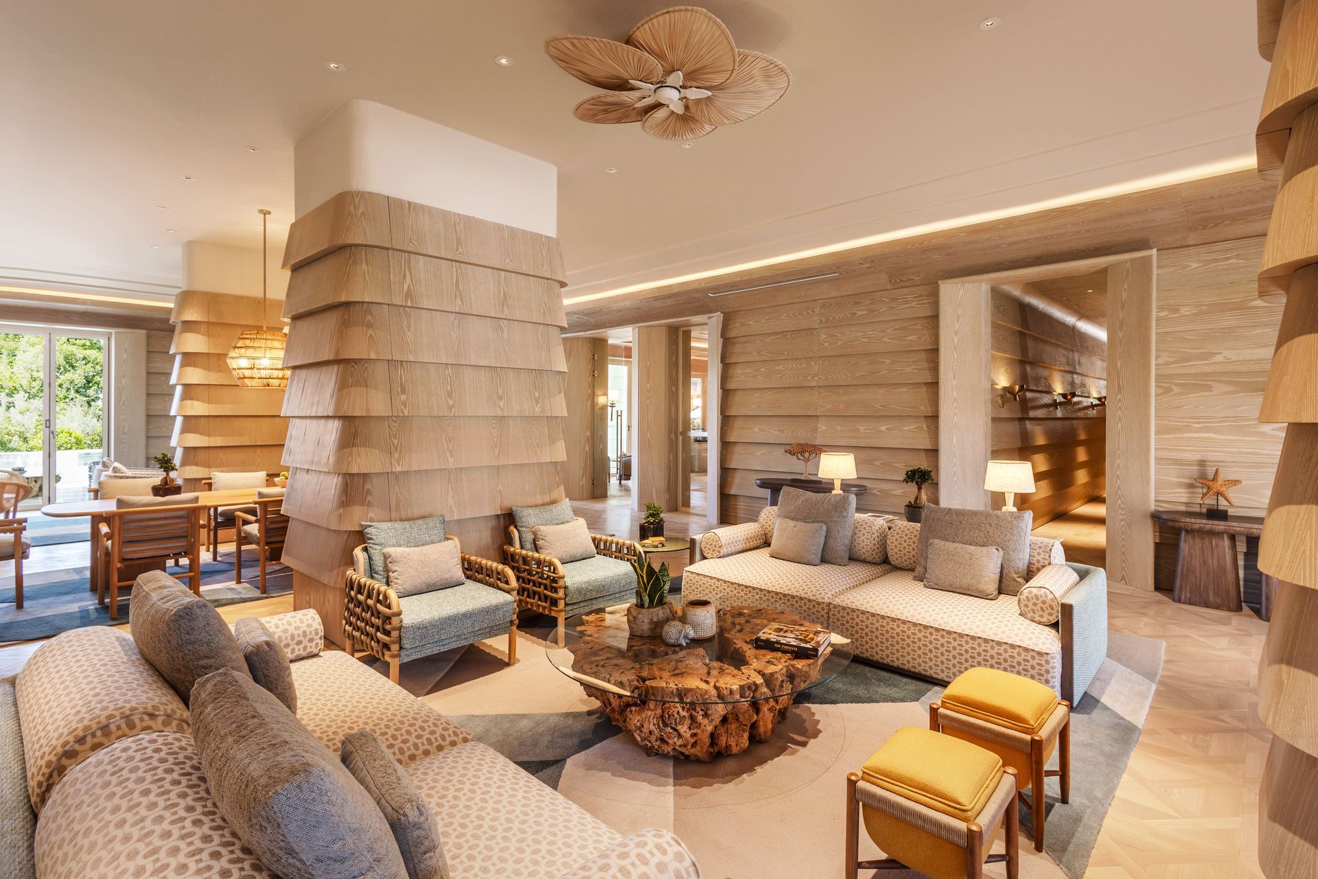 An artist 's impression of a living room filled with furniture.