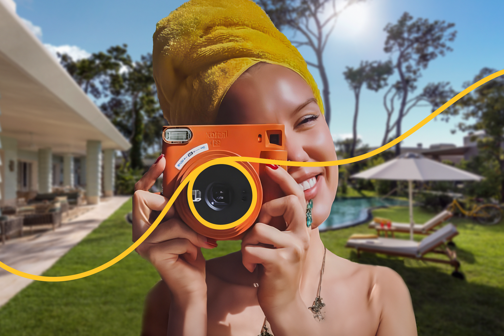 A woman with a towel wrapped around her head is taking a picture with an orange camera.